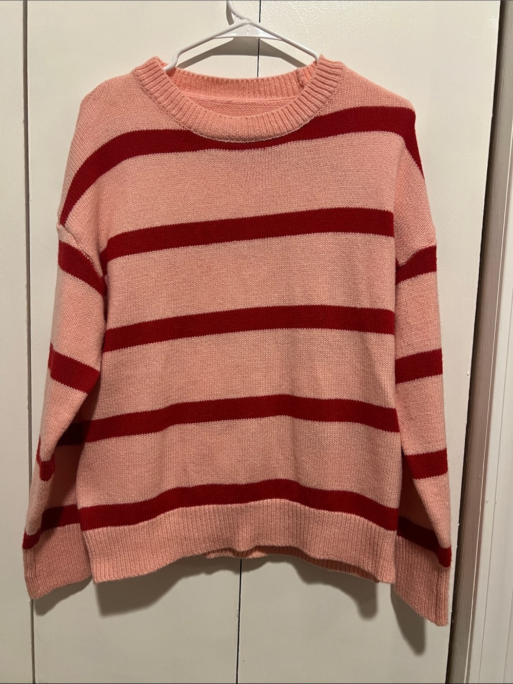 SHEIN Pink and Red Striped Crewneck Sweater